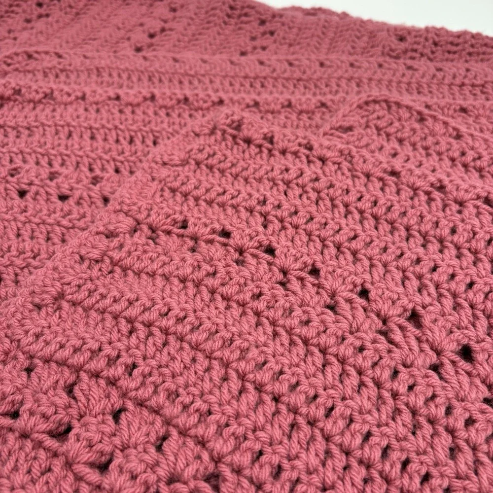 Vintage Hand Crocheted Afghan Throw Blanket Raspberry Approx 56